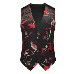 2025夏季男式提花单马甲修身时尚V领国风无袖坎肩加大码新郎马夹