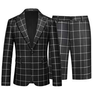 男式 套装 格纹西服短裤 五分裤 主持人礼服 两件套商务休闲西装 春夏季