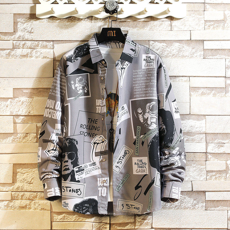 秋季男青年长袖个性印花衬衫加肥加大码学院风衬衣休闲港风上衣潮