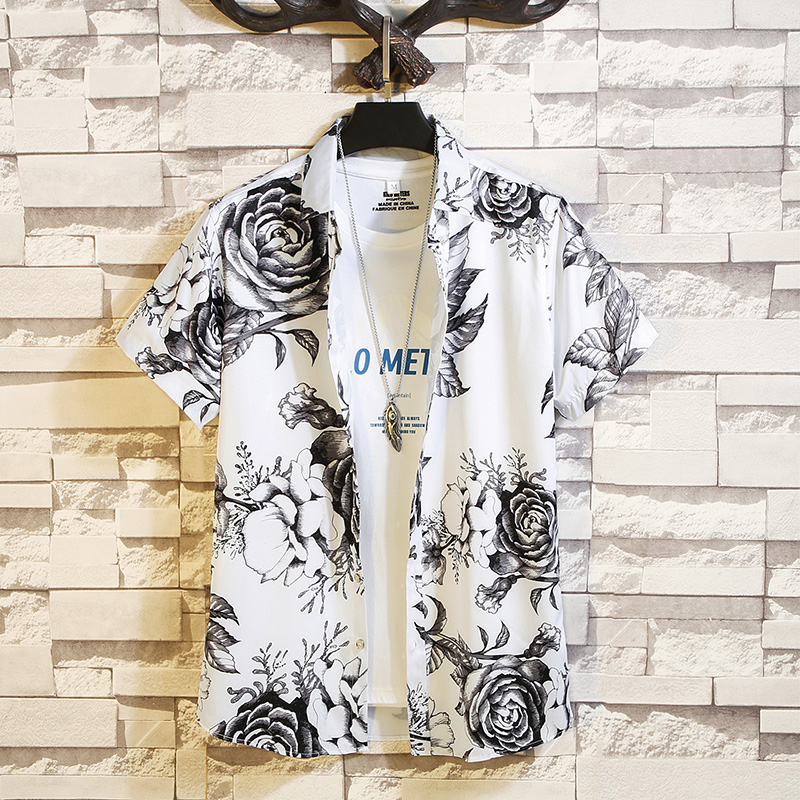 夏季男士加大码印花短袖衬衫薄款宽松半袖衫海滩旅游外穿休闲衬衣