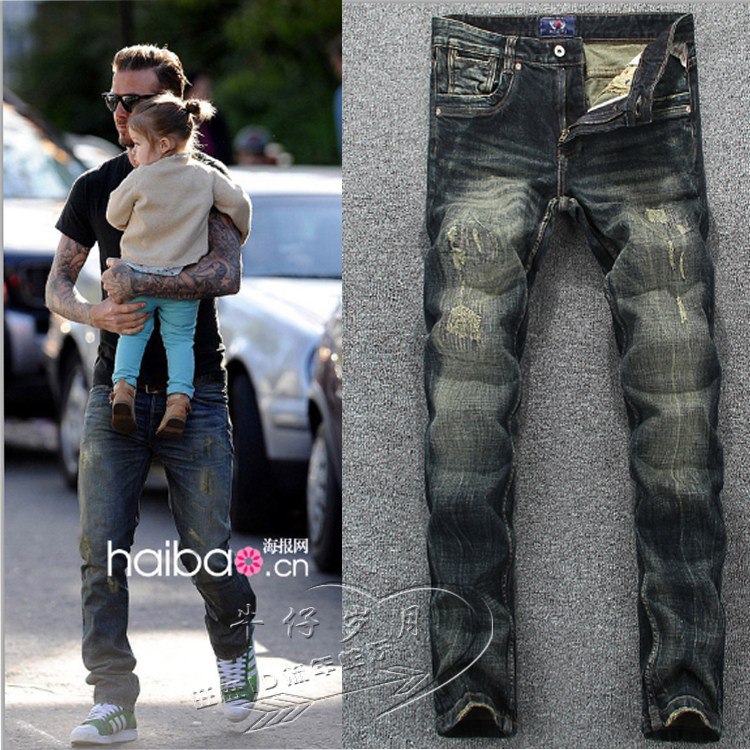 2023春秋季深色复古做旧破洞刮烂修身型小直筒潮牌男青年牛仔裤子