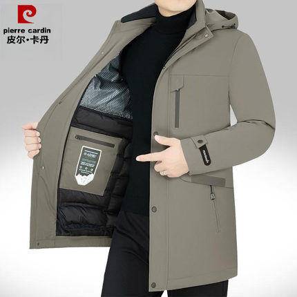 皮尔卡丹男装2026年新款冬季连帽加厚中长款羽绒服男士外套鹅绒服