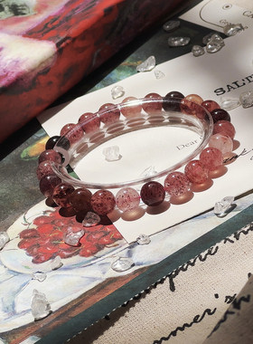 粉红香槟｜稀有老矿红草莓晶手链 NO.032201