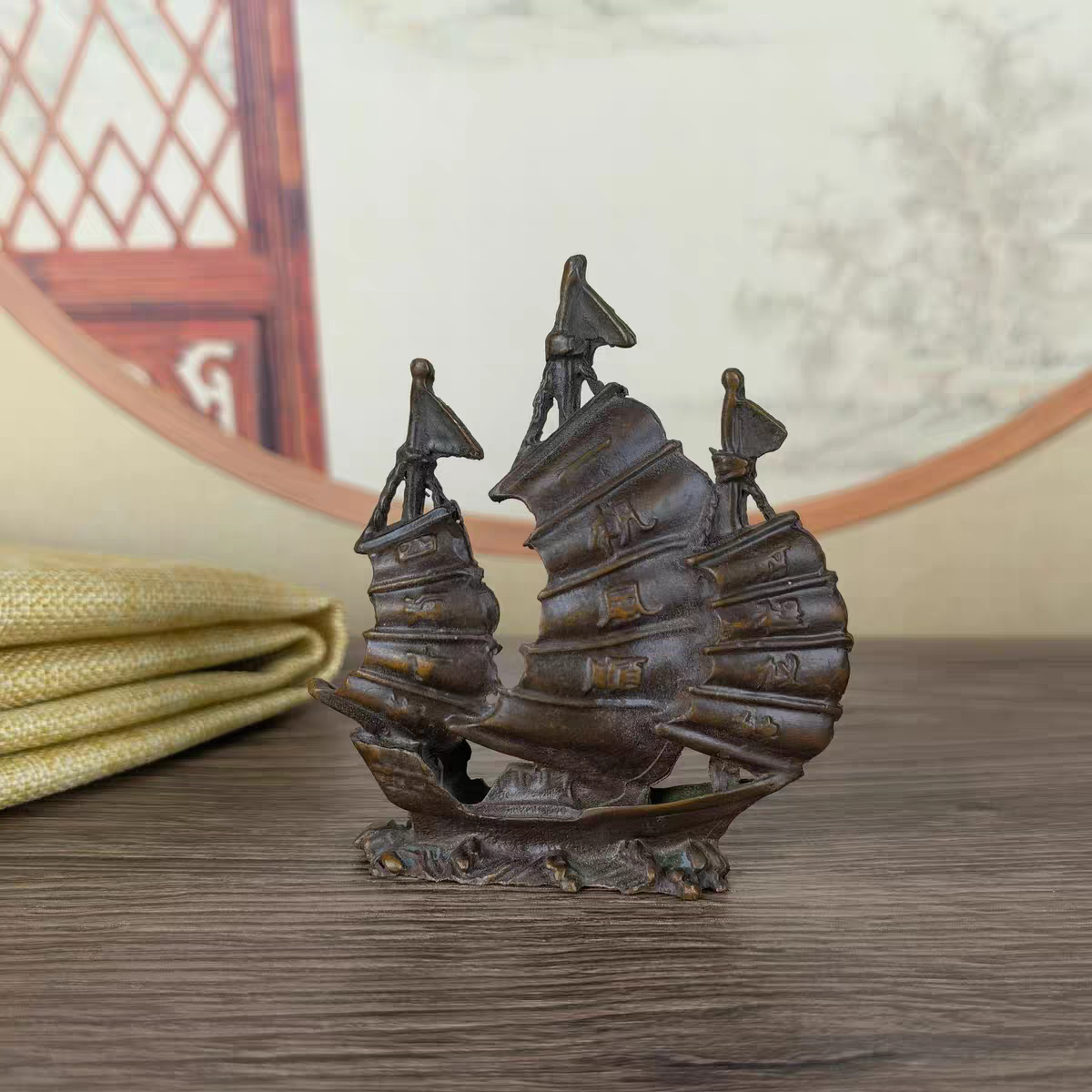 古玩铜一帆风顺前程似锦帆船家用办公室书房桌面摆件做工精细