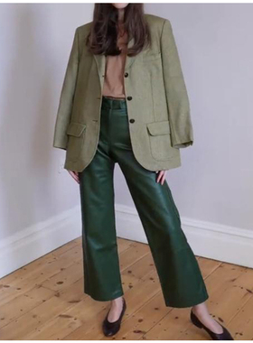 绿色皮裤女2024新款欧货超软皮裤女直筒宽松阔腿裤高腰垂感高级感