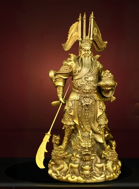 纯黄铜九龙关公横刀立刀站像摆件令旗武财神九龙关二爷供奉神像铜