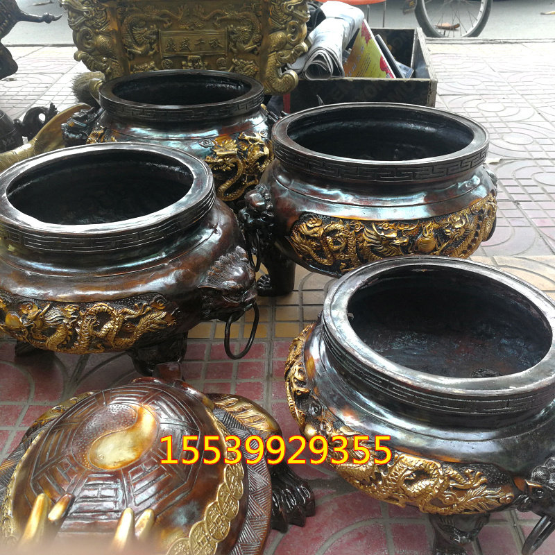 大号纯铜双龙戏珠香炉铜招财聚财鼎铜聚宝盆三足狮头炉风水铜器