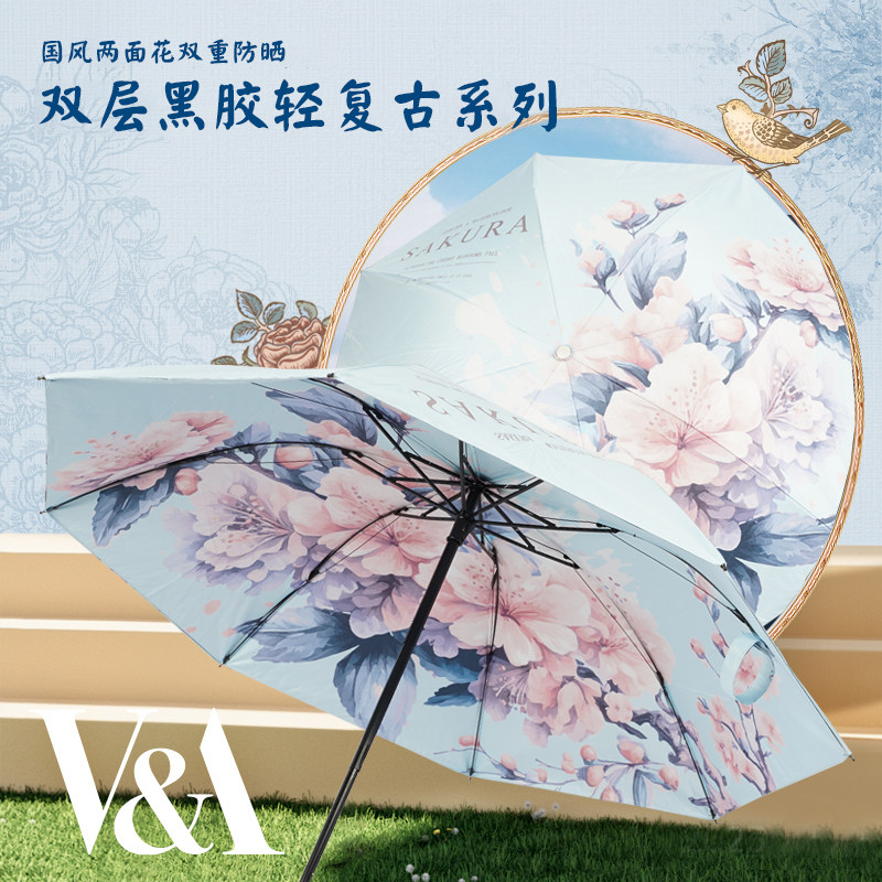 国风双层伞黑胶加固晴雨两用复古宫廷三折叠便携清新学生伞遮阳伞