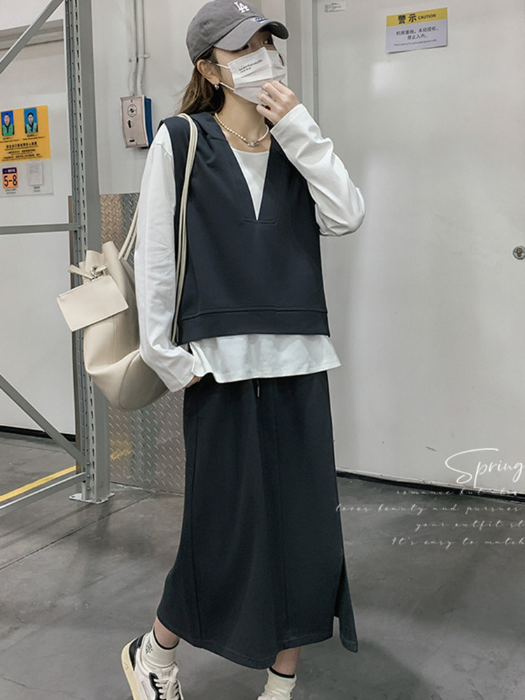 여성을위한 캐주얼 스포츠 스웨트 셔츠 스커트 정장 2024 봄 가을 새로운 패션 스타일 올해 인기 조끼 3 피스 세트