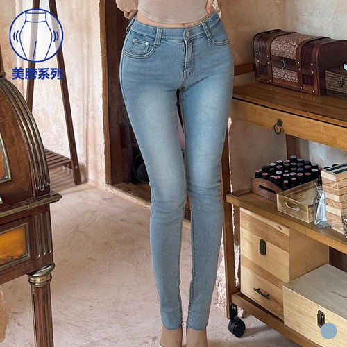 kindame韩国美胯系列低腰浅中蓝高光紧身丰胯牛仔小脚裤DL25S0237