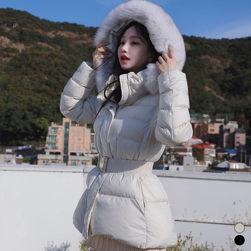 狐狸毛领连帽羽绒服中长款