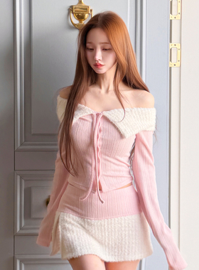 kindame韩国韩系一字肩皮草领针织衫女露肩设计感上衣SR26W0512