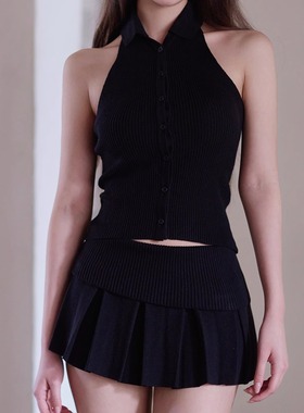 kindame韩国休闲无袖露肩露背纽扣竖纹针织衫背心KS25S2607