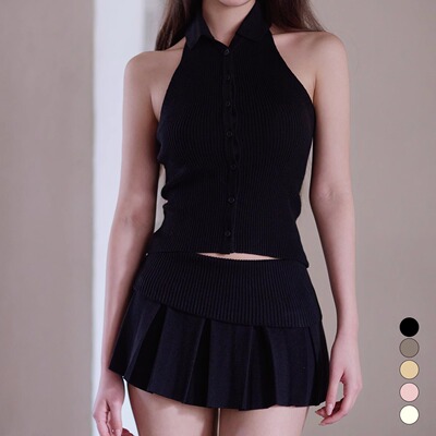 kindame韩国休闲无袖露肩露背纽扣竖纹针织衫背心KS25S2607