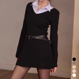 kindame韩国百搭辣妹收腰长袖针织修身V领连衣裙KL25S2603