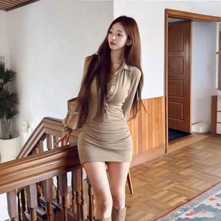 kindame韩国性感修身包臀连衣裙女垂坠领收腰高级感褶饰DS25W0512