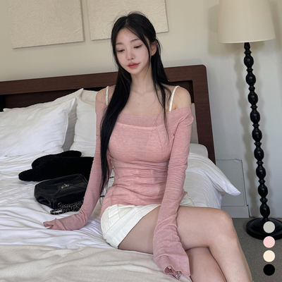 小艇领露肩超薄轻透长袖针织衫