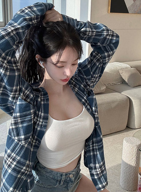 kindame韩国纯色经典休闲宽松百搭格子衬衫外女套KS24W2607