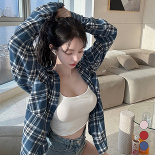 kindame韩国纯色经典休闲宽松百搭格子衬衫外女套KS24W2607