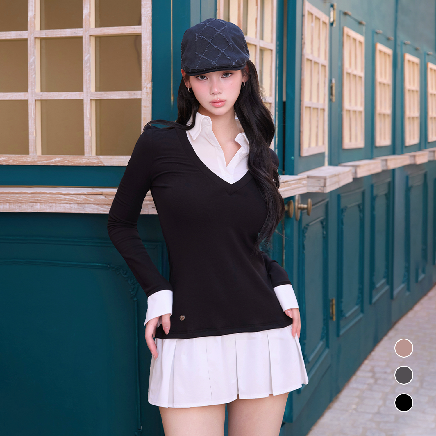 假两件拼接针织polo领连衣裙女