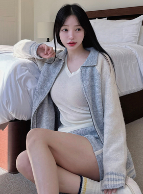 kindame韩国拼色拉链羊毛针织运动开衫长袖女棒球服KR24F2623