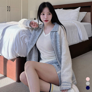 kindame韩国拼色拉链羊毛针织运动开衫长袖女棒球服KR24F2623