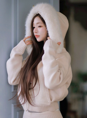 kindame韩国暖乎乎连帽毛领针织衫女冬加绒拉链开衫毛衣OL25W3801