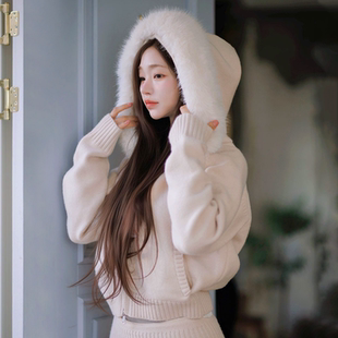kindame韩国暖乎乎连帽毛领针织衫 毛衣OL25W3801 女冬加绒拉链开衫