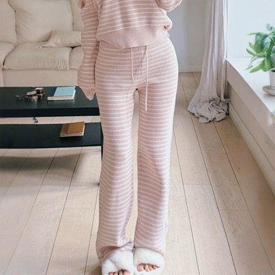 条纹针织松紧腰阔腿裤