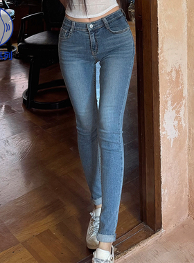 kindame韩国显腿百搭丰胯提臀中蓝低腰紧身牛仔小脚裤DL25S0238