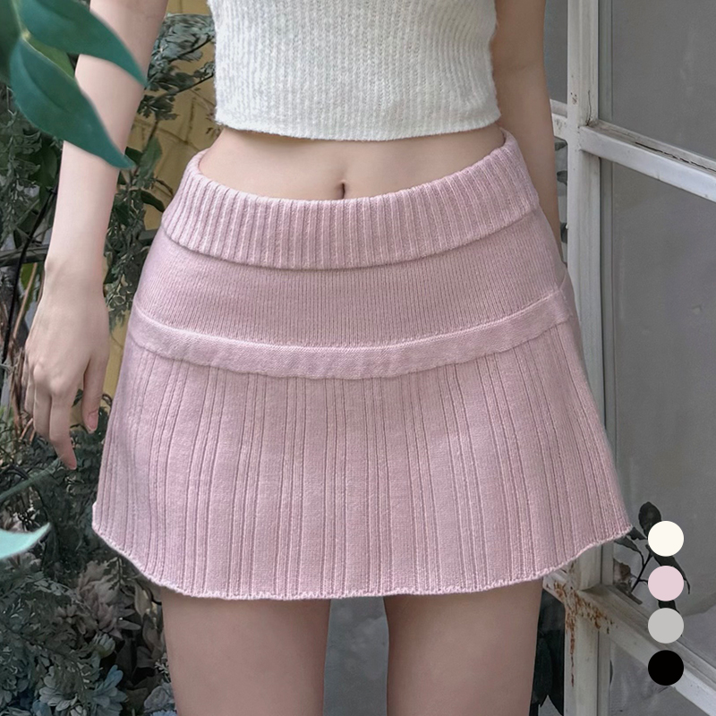 韩国纯色休闲竖纹针织短裙