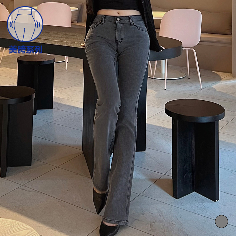 低腰丰胯灰色西式微喇牛仔裤