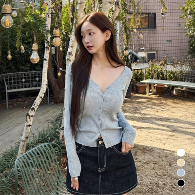 kindame温柔罗纹V领纽扣针织开衫