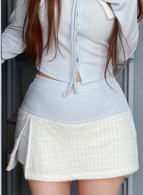 kindame韩国新品毛绒针织拼接短裙高腰半身裙裤显瘦百搭SS26W0512