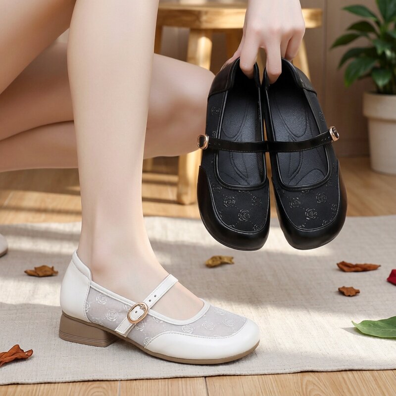 前掌加宽大码女鞋41到43乐福鞋春夏真皮网纱单鞋粗跟透气凉鞋平底