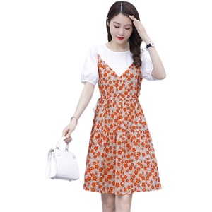 RM8740#大码女装2023夏季新款碎花假两件泡泡袖连衣裙女宽松显瘦女裙