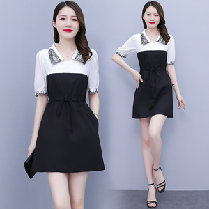 RM8739#大码女装2023夏季新款赫本风时尚系带显瘦收腰短袖胖MM连衣裙