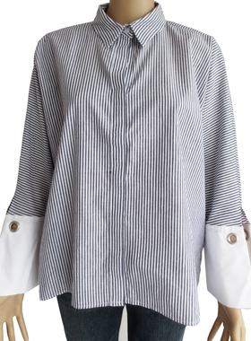 韩国条纹宽松长袖女衬衫纯棉灰色显瘦 韩版OL女装外贸新款0779