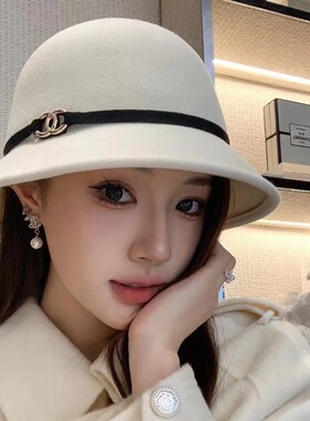高品质赫本风小沿礼帽法式气质优雅羊毛呢渔夫帽休闲逛街时尚盆帽