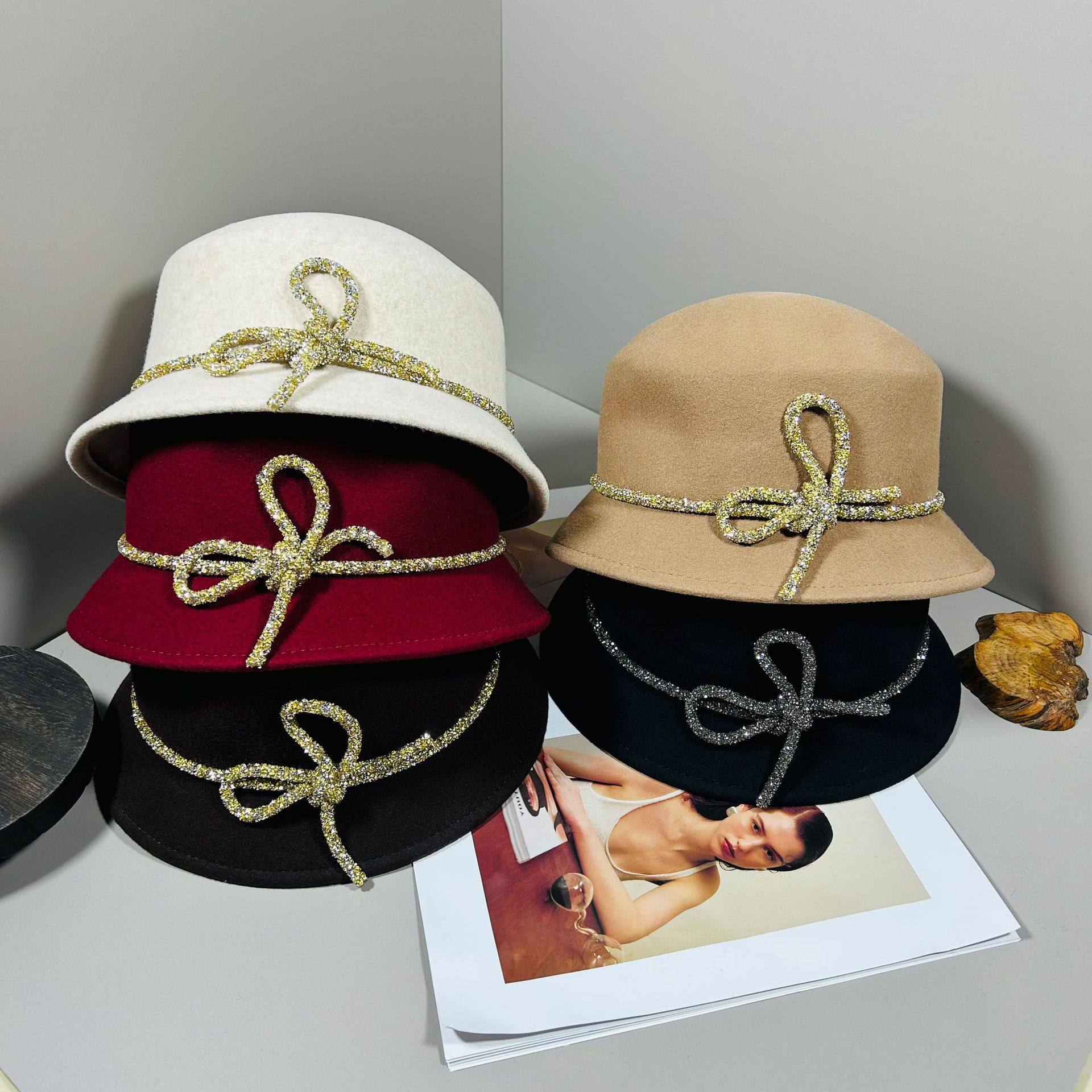 日系水钻蝴蝶结装饰渔夫帽女冬季澳洲羊毛保暖盆帽气质优雅毡帽潮,居家日用,披肩防护帽,淘宝优惠券,粉丝福利购,淘宝优惠卷