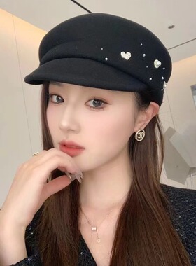 镶钻日系复古羊毛黑色文艺贝雷帽子女秋冬显脸小鸭舌帽网红八角帽