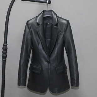 宫 西服单粒扣双开叉气质正装 头层绵羊真皮皮衣女修身 休闲职业西装