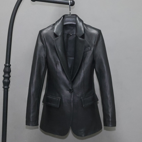 女士修身头层绵羊真皮皮衣西装