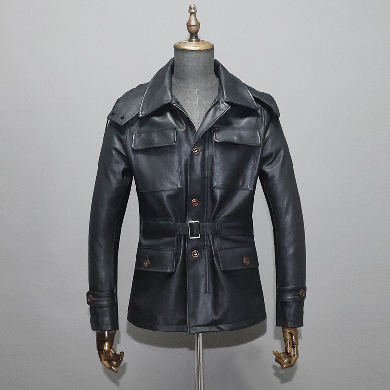 无涂水染小胎牛皮真皮皮衣男修身脱卸帽多口袋猎装翻领夹克外套郎,男装,皮衣,淘宝优惠券,粉丝福利购,淘宝优惠卷