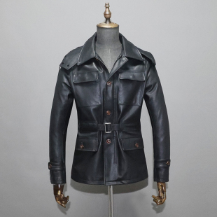 无涂水染小胎牛皮真皮皮衣男修身 翻领夹克外套郎 脱卸帽多口袋猎装