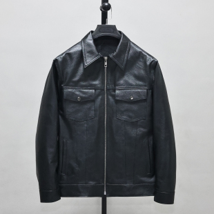 纳帕头层软牛皮真皮皮衣男修身 翻领休闲牛仔夹克青年外套戈 短款