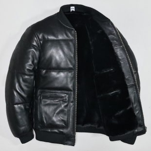 加厚毛绒头层绵羊真皮皮衣男修身 青年休闲简约棒球棉服夹克拆 短款