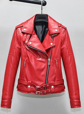 红色柔软头层绵羊真皮皮衣女修身短款青年翻领腰带机车夹克外套R4