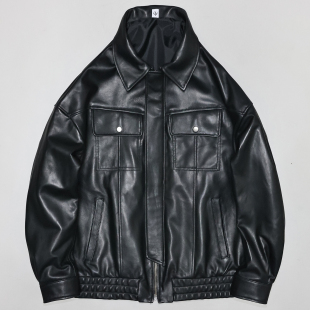 廓版 柔软头层绵羊真皮皮衣男女青年翻领休闲宽松飞行服夹克外套弘