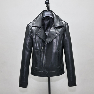 柔软头层绵羊真皮皮衣女修身 显瘦青年简约机车朋克夹克外套居 短款